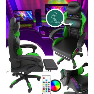 LED herní křeslo se sklopnou opěrkou nohou a masážní funkcí – zelená