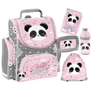 Školní sada PANDA WITH LOVE - 5dílná sada s taškou, penálem, pouzdrem a příslušenstvím