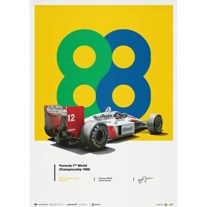 Umělecký tisk McLaren MP4/4 - Ayrton Senna - 88 - San Marino GP - 35th Anniversary - 1988, 50 × 70 cm