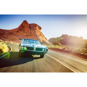 Ilustrace driving fast through desert in vintage hot rod car, Joshua Resnick, 40 × 26.7 cm