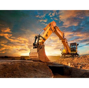 Ilustrace Excavator at a construction site against, Avalon_Studio, 40 × 30 cm