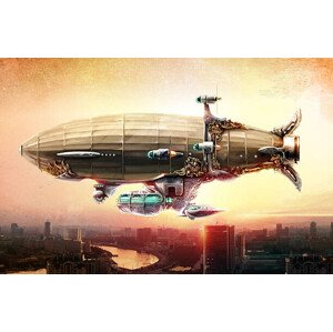 Ilustrace Dirigible balloon in the sky over a city, Rustic, 40 × 26.7 cm